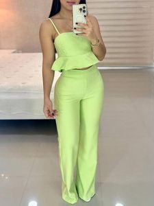 Kadınlar iki parçalı pantolon neon yeşil 2 set kıyafetler 2023 spagetti kayış fırfırları hem mahsul üst düz düz ekstra uzun pantolon co ord rahit