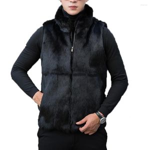 남자 조끼 실제 전체 모피 조끼 양복 조끼 겨울 따뜻한 코트 재킷 주머니 두꺼운 길렛 블랙