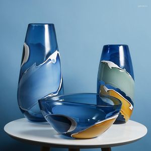 Vasos soprados à mão por atacado conjunto de luxo moderno vaso de vidro flor azul nórdico para decoração de casa