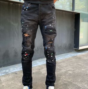 Jeans da uomo Stampa patch foro Distressed Jeans di alta qualità Jeans da motociclista Jeans Rock Skinny Slim Strappati con cerniera al ginocchio Pantaloni in denim