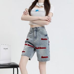 Kvinnors jeans retro brev broderade denim shorts sommar hög midja lösa raka halva byxor mode streetwear kvinnlig