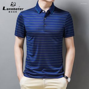 Mäns T-skjortor Summer Blue Silk Short-Sleeved Stripe T-shirt Lämplig för affärs- och fritids medelålders toppislapahalvärm