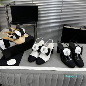 2023-Women Camellia High Heel Sandalsブロックインターロックスリッパスライドファッション