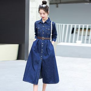 Lässige Kleider Koreanischer Stil Damen Jeanskleid Dreiviertelärmel Umlegekragen Einreiher A-Linie Frühling Herbst Elegant