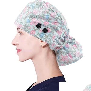 Beanie/Skull Caps Print Adjustable Long Hair Working Cap With Button Ponytail Holder Scrub Hats Elastic Nurse Hat For Women Drop Delivery Fa