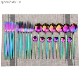 24pcs Rainbow Contact Sets 18/10 Zestaw sztućców ze stali nierdzewnej Uchwyt Gold Knife Velk Spoon Stale Set Party Silverware Set L230704