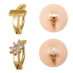 Cross Flower Belly Button Ring Curved Bar Navel Piercing Barbell Zircon rostfritt stål Stud för kvinnor Sexiga kroppsmycken