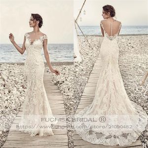 Cap Sleeved Champagne Lace Wedding Dress with Illusion Back Fit to Flare Slim Bridal Dress Gown Custom Made213y