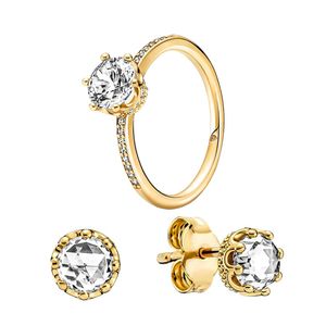 Golden Crown Stud Earrings Ring Set för Pandora Luxury Crystal Diamond Party Jewelry For Women High Quality Designer Guldringar Earring Set With Original Box