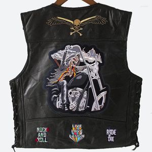 Gilet da uomo 2023 Ricamo Gilet in pelle da uomo Moda MotoBiker Giacca senza maniche Punk Retro Locomotiva Pelle di pecora Cappotto quattro stagioni