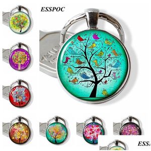 Keychains Lanyards Cartoon Keychain Birds And Tree Glass Cabochon Metal Keyring Of Life Jewelry Fashion Accessories For Daughter Bir Dhzqr