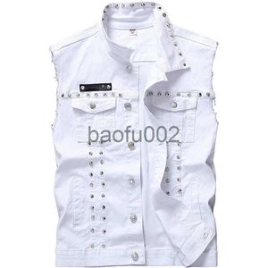 メンズジャケットIdopy Mens White Denim Vestシングル胸リベットパーティーステージスリムフィットL-5XLマレス用のチョッキコットンジャケットプラスサイズJ230724