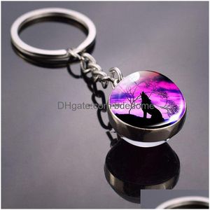 Portachiavi Double Side Glass Cabochon Ball Animal Fl Moon Wolf Keychain Time Gem Ring Bag Hanging Fashion Jewelry Will And Sandy Drop D Dhohw