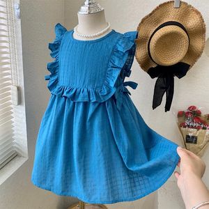 Dziewczynki z kapeluszem dziecięce ubrania letnie ubrania dla dziewcząt jednoczęściowy Sundress Blue Ruffle Kid Skirt Straw Silne retro