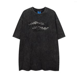 Men's T Shirts Retro Washed Tshirts Tee Men Letters Rose Floral Embroidery Short Sleeve T-shirt Harajuku Oversized Shirt Summer Top