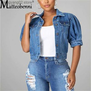 Giacche da donna Donna Sexy Strappato Denim Crop Giacche Top 2022 Ladies New Vintage Casual Short Jean Giacca manica a sbuffo Cappotto femminile Streetwear T230724