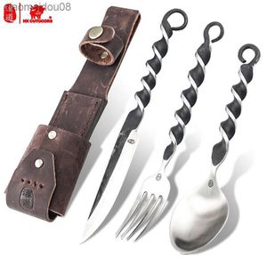 HX OUTDOORS outdoor kitchen forging knife fork spoon three-in-one set spoon fork picnic portable tableware camping equipment L230704