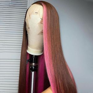 Brasiliansk HD spetsbrun rosa 13x4 rak spets frontal peruk för kvinnor rosa hightlight kropp spets front simulering mänskliga hår peruker