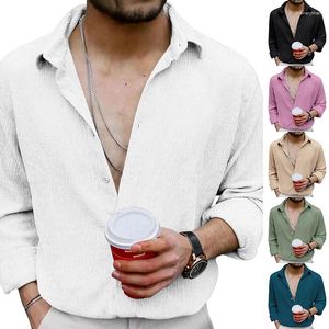 Men's Polos 2023 Long Sleeve Blouse Summer Solid Casual Polo Collar Linen Cardigan Shirt Man Clothing