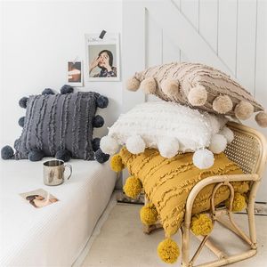 Vita blommor Tassels kuddtäcke med Pompom Yellow Grey Decorative Cushion Cover Home Decor Throw Pillow Case 45x45CM241L