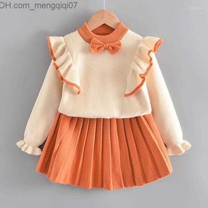 Conjuntos de roupas Conjuntos de roupas para meninas Conjunto de roupas de inverno manga comprida camisola camisa saia crianças 2 peças terno arco roupas de bebê para crianças Z230724