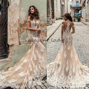 Champagne Julie Vino mermaid Wedding Dresses 2018 Off Shoulder Deep Plunging Neckline Bridal Gowns Sweep Train Lace Wedding Dress294n