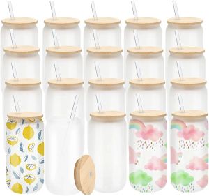 US Warehouse!!! ship in 24h 16oz Sublimation Frosted Glass Mugs Cup Blanks With Bamboo Lid Clear Beer Can Glasses Tumbler Mason Jar Plastic Straw NEW JY24