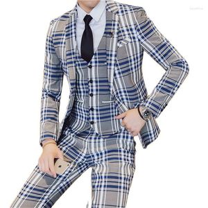 Erkek Suit 2023Suit Koreli İnce Ekose Yastıklı Tek Bravatalı Takım 3 Parçalı (Ceket Pantolon Yeleği) Damat Gelinlik