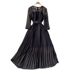 Neues Design für Damen mit O-Ausschnitt und drei Vierteln, Spitze, gepatcht, plissiert, Maxi-Kleid mit hoher Taille und Gürtel