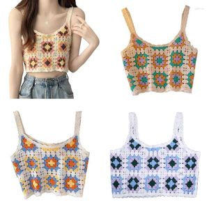 Women's Tanks Women Summer Hollow Crochet Knit Sleeveless Camisole Ethnic Vintage Colorful Floral Beach Casual Loose Crop Top Vest