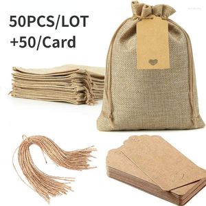 Gift Wrap 50 Pcs Wedding Small Jute Bags With Paper Tags Christmas Year Party Thank You Drawstring Pouches Jewelry Package Sacks
