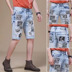 Jeans masculinos verão denim shorts homens bordados lavados e retalhos calças de comprimento de comprimento fino encaixe puro algodão respirável maré2024