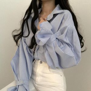 البلوزات النسائية Hanfeng Women Shirt 2023 Autumn Design Sense Stripe Stripe Printed Lough