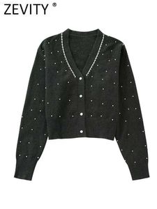 Kvinnorjackor Zevity 2022 Kvinnor Fashion V Neck Pearl Beading -applikationer Stickning av tröja Kvinna Chic Breasted Short Cardigan Coat Tops CT2848 L230724