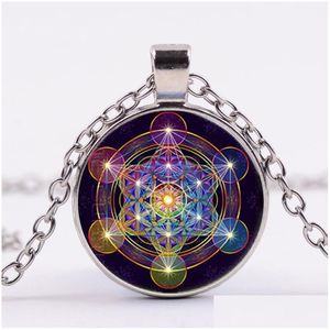 Hänge halsband mystiska metatron kub halsband helig geometri blomma av liv glas hängen magi hexagram choker smycken för un dhqts