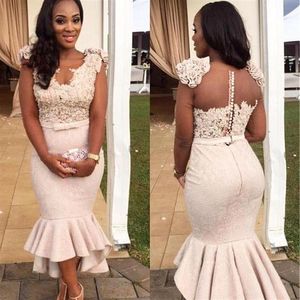 2020 Sleeveless Lace Appliques Flowers with Sash Ivory Mermaid Tea Length In Stock Bridesmaid Dresses Formal Dresses Fast 305Y