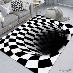 Mattor Creative Swirl Carpet Geometric Black and White Grid Bedroom vardagsrum utan halkfri golvmatta 3D Trap Swirl Illusion Carpet R230725