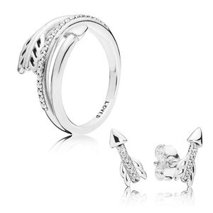 Pandora için Set-Around Arrow Ring ve Stud Küpeler Gerçek 925 Sterling Gümüş Partisi Takı Kadınlar için Hediye Hediye Orijinal Kutu ile Lüks Küpe Yüzükleri