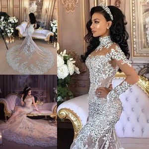 2018 Blowly Wspaniałe sukienki ślubne syreny koronkowe aplikacje Sheer High Scyk Suknie ślubne z długim rękawem Kryształowe Custo249d