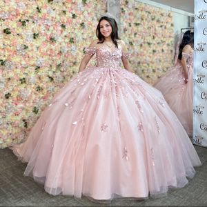 Lüks pembe parlak sevgilim quinceanera elbiseler ışıltılı boncuklu dantelli korse kabarık etek prenses debutante elbise 15 yıldır