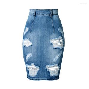 Skirts Women Pencil Skirt Ripped Jeans Distressed Destroyed Hole High Waist Frayed Edge Denim Streetwear Zipper Back Split Xs