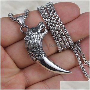 Pendant Necklaces Ancient Sier Head Wolf Tooth Stainless Steel Chain Necklace Women Men Hiphop Fashion Fine Jewelry Drop Delivery Pend Dhmux