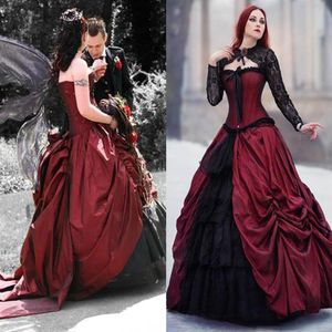فستان حفلة موسيقية قوطية حمراء وسوداء في العصور الوسطى مع سترة طويلة من الأكمام الخلفية