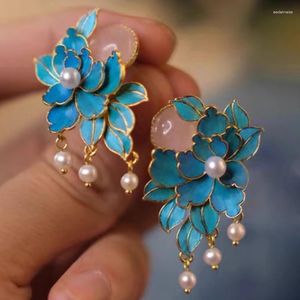 Stud Earrings In Court Style Peony Enamel For Women Natural An Jade Pearl Earings Jewelry Cheongsam Accessories