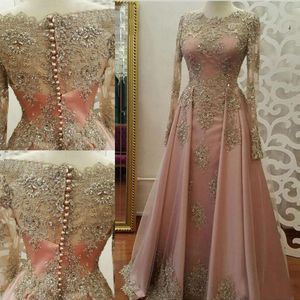 Real Po Champagne Tulle Long Sleeves Evening Dresses Pink Lace Appliques Formal Party Gowns Elegant Long Prom Dress Custom Robe207E