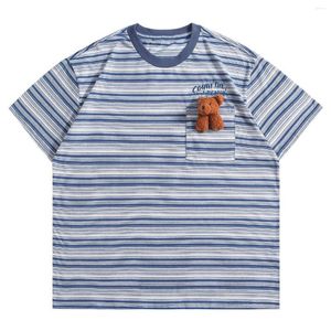Men's T Shirts Graphic Bear Ornaments Stripe LACIBLE Harajuku Tee Men Women Casual Loose Short Sleeve Tops With Brooch Summer Shirt