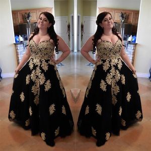 Black With Gold Lace Applique Plus size Prom Evening Dresses Special Ocassion Dresses Gowns Sweetheart A line Tulle Corset Back SD2001