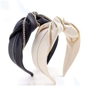 Headbands Fashion Street Girls Headband Women Soft Cloth Hairband Gold Alloy Chain Headwear Wide Side Solid Head Band Autumn Hair Accessorie