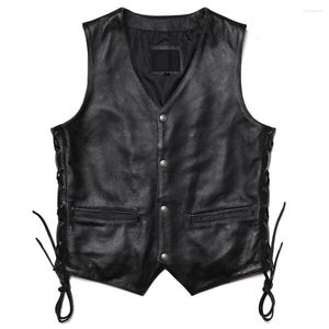 Men's Vests Classical Motorcycle Leather Vest Natural Cowhide Genuine Slim V Neck Tassels Sleeveless Jacket