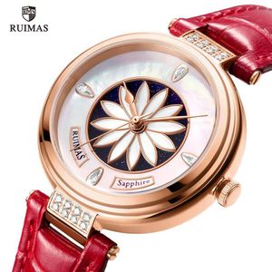 Ruimas Women Watches Luxury Red Leather Strap Automatisk armbandsur Flower Dial Mechanical Watch Lady Girls Waterproof Clock 6776198U